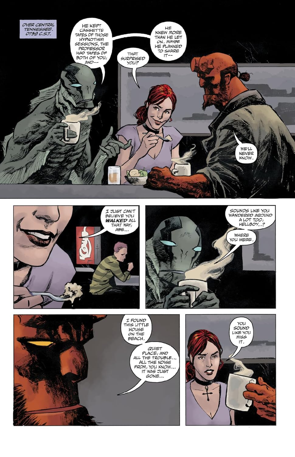 A comic page shows Hellboy -  Liz Sherman -  and Abe Sapien (a fish-man) conversing and eating at a table