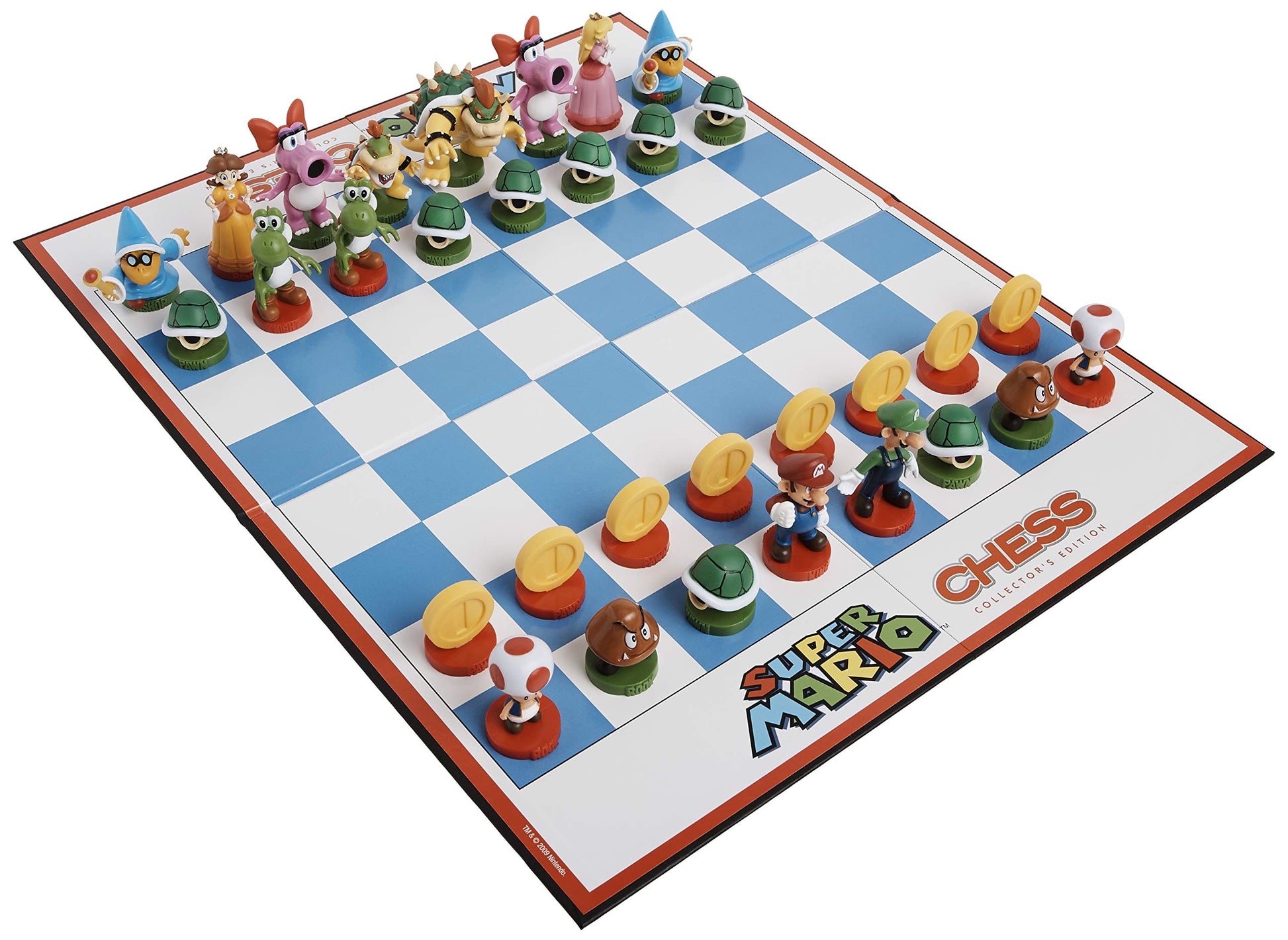 A Super Mario Chess set with Mario, Luigi, Bowser, and Peach figures arranged on a blue and white board
