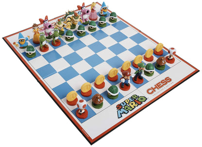 A Super Mario Chess set with Mario, Luigi, Bowser, and Peach figures arranged on a blue and white board