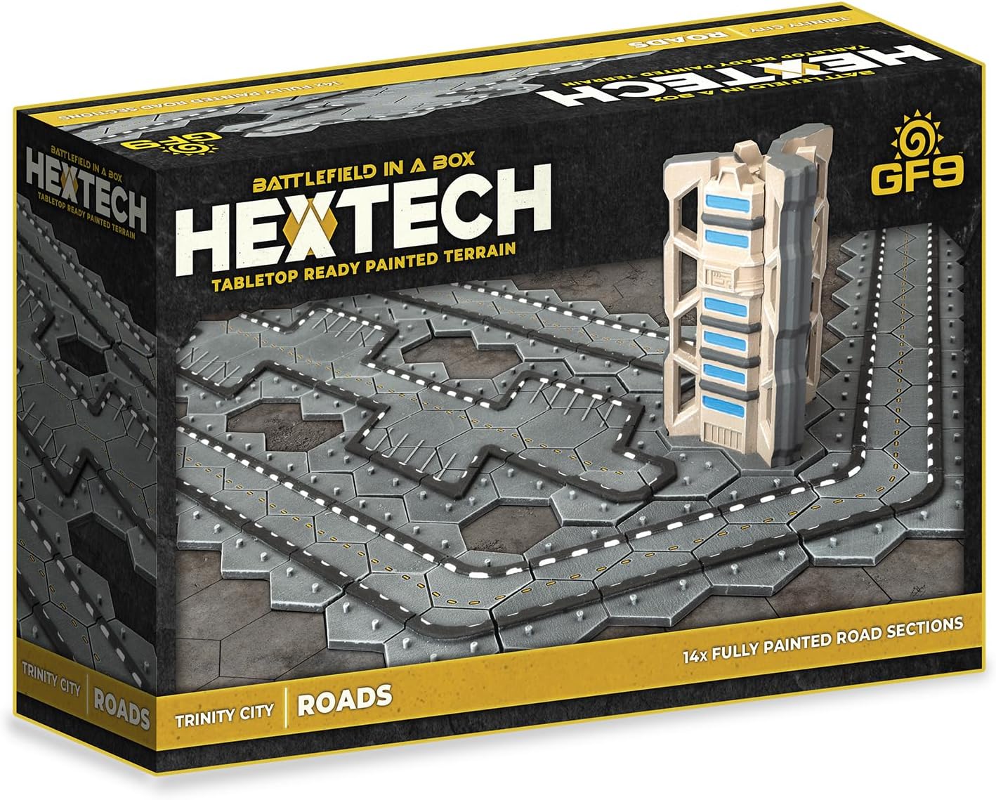 HexTech Trinity City Roads terrain box: modular painted road sections & futuristic building model