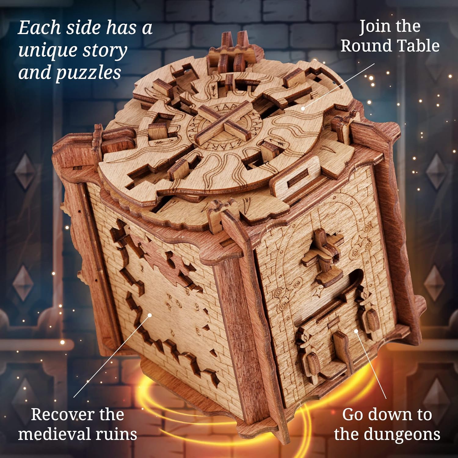 Intricate wooden mechanical puzzle box featuring medieval castle, ruins, and dungeon designs