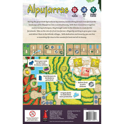 Alpujarras board game box back: colourful terraced farm game board with pieces and instructions for fruit farming