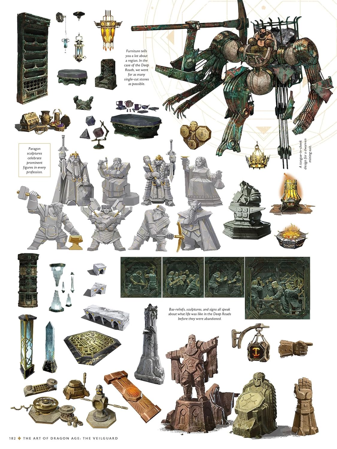 Dwarven concept art sheet showing Paragon statues, Deep Roads furniture, reliefs, and a large, oxidized mining suit design