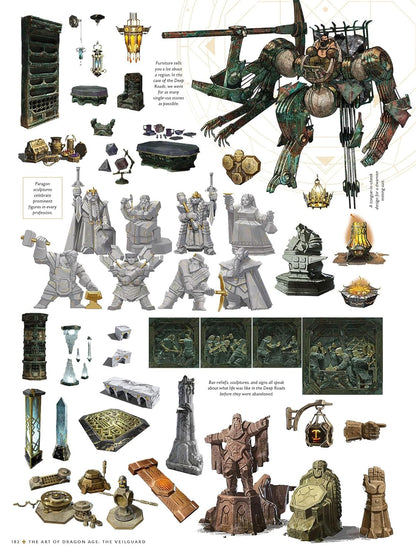 Dwarven concept art sheet showing Paragon statues, Deep Roads furniture, reliefs, and a large, oxidized mining suit design