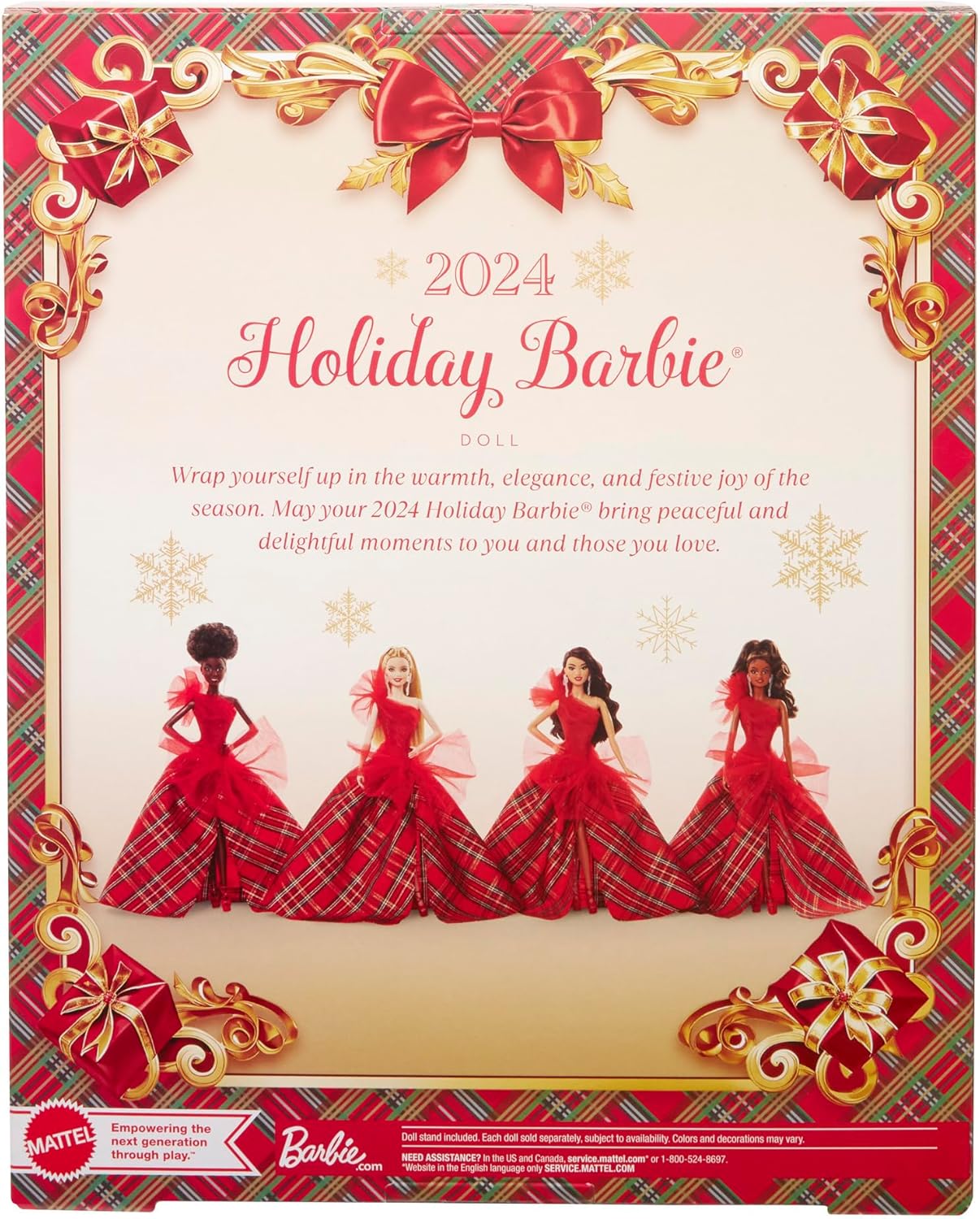 Four diverse 2024 Holiday Barbie dolls in elaborate red plaid gowns on a festive holiday backdrop