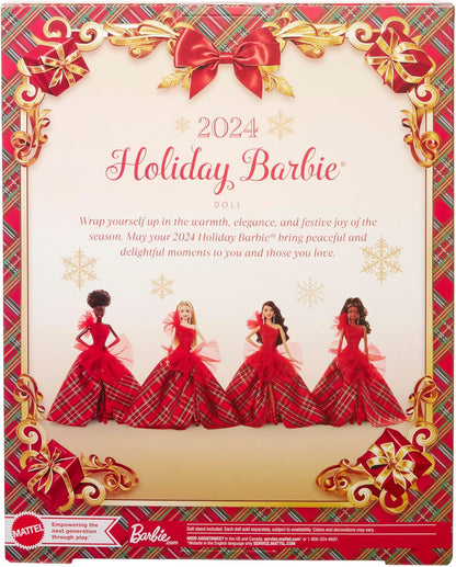 Four diverse 2024 Holiday Barbie dolls in elaborate red plaid gowns on a festive holiday backdrop