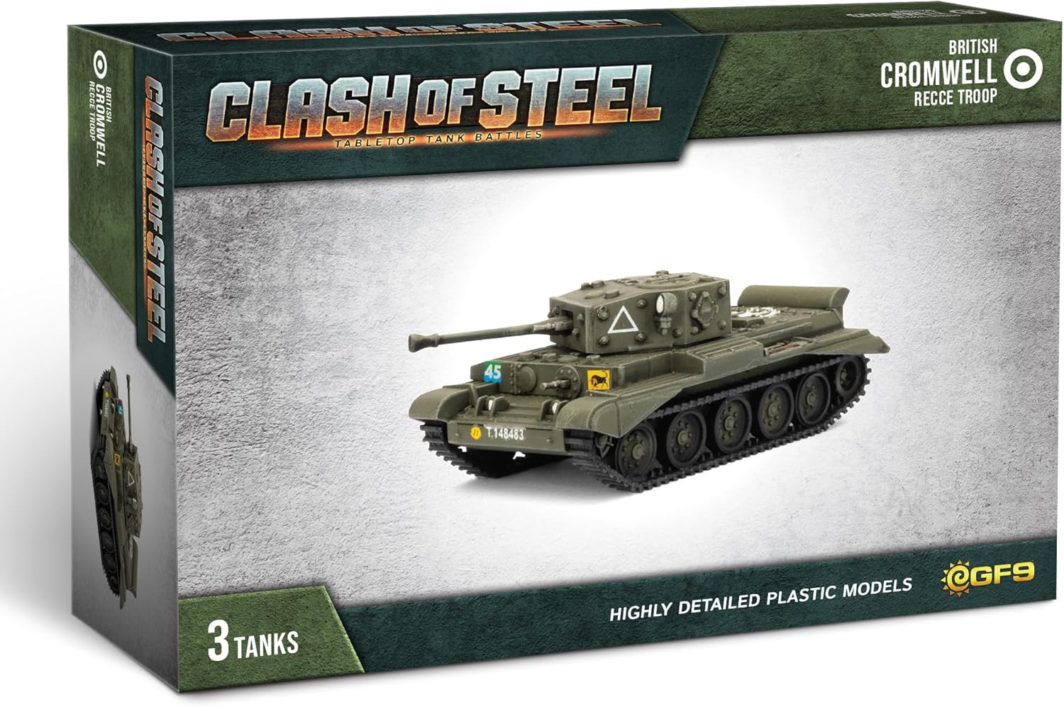 A detailed olive green British Cromwell tank model displayed on its 'Clash of Steel' tabletop game box