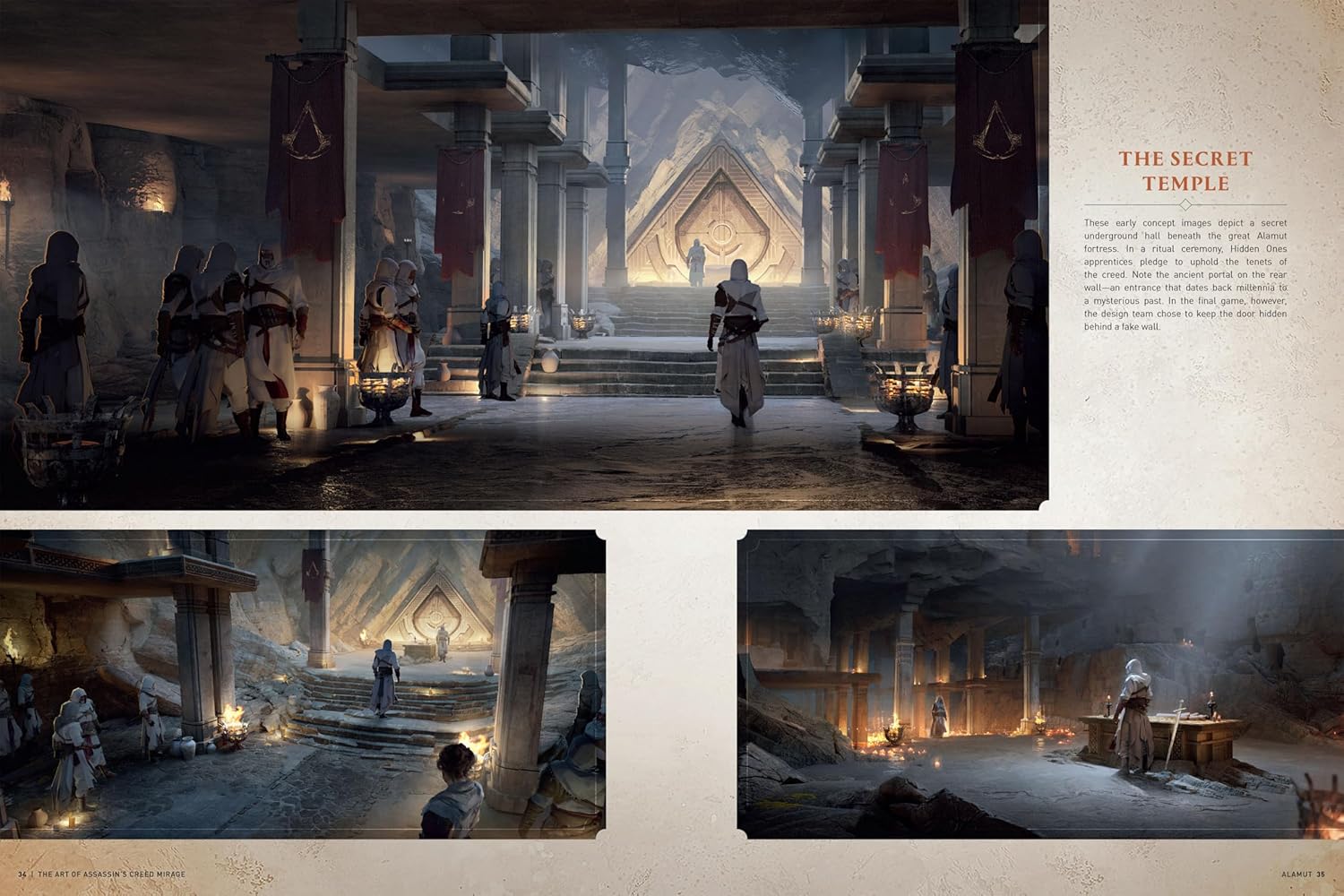 Concept art: Robed figures in a grand -  torchlit Assassin's Creed temple 
