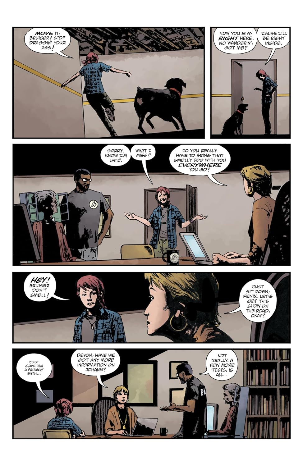 A red-haired woman brings her black dog -  Bruiser -  into an office 