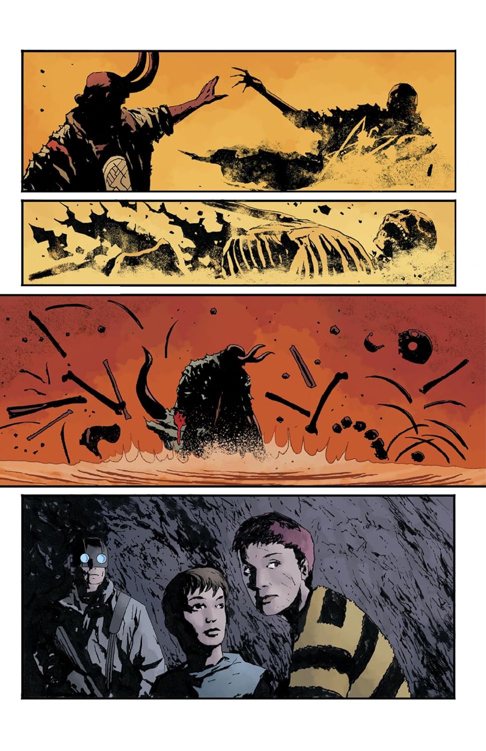 Hellboy battles a disintegrating skeleton in fiery panels -  then stands amidst scattered bones
