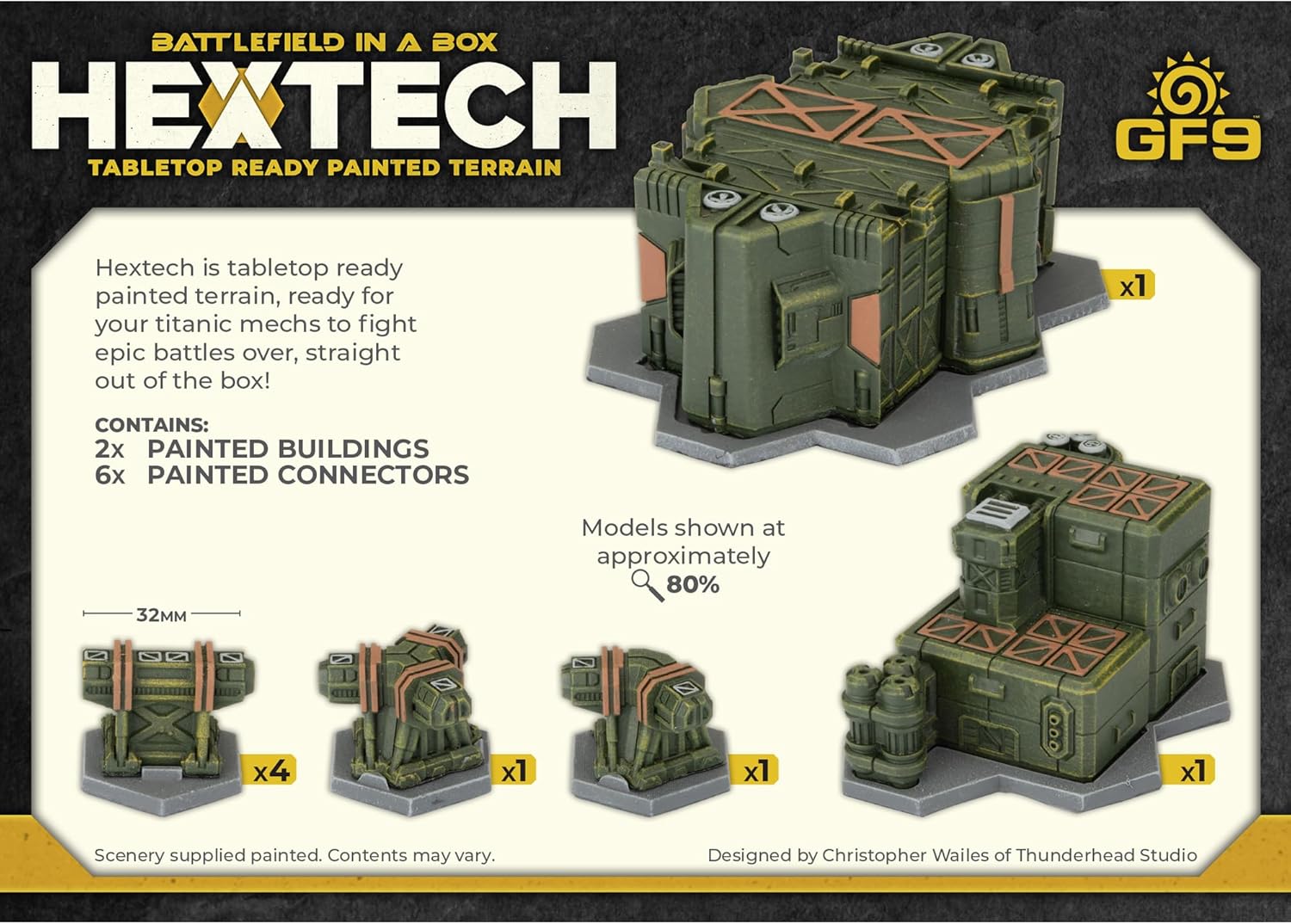 HEXTECH tabletop terrain: Painted sci-fi buildings and connectors for mech battles.