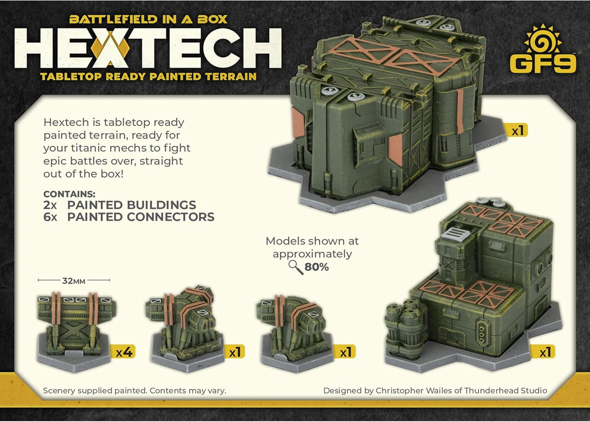 HEXTECH tabletop terrain: Painted sci-fi buildings and connectors for mech battles.