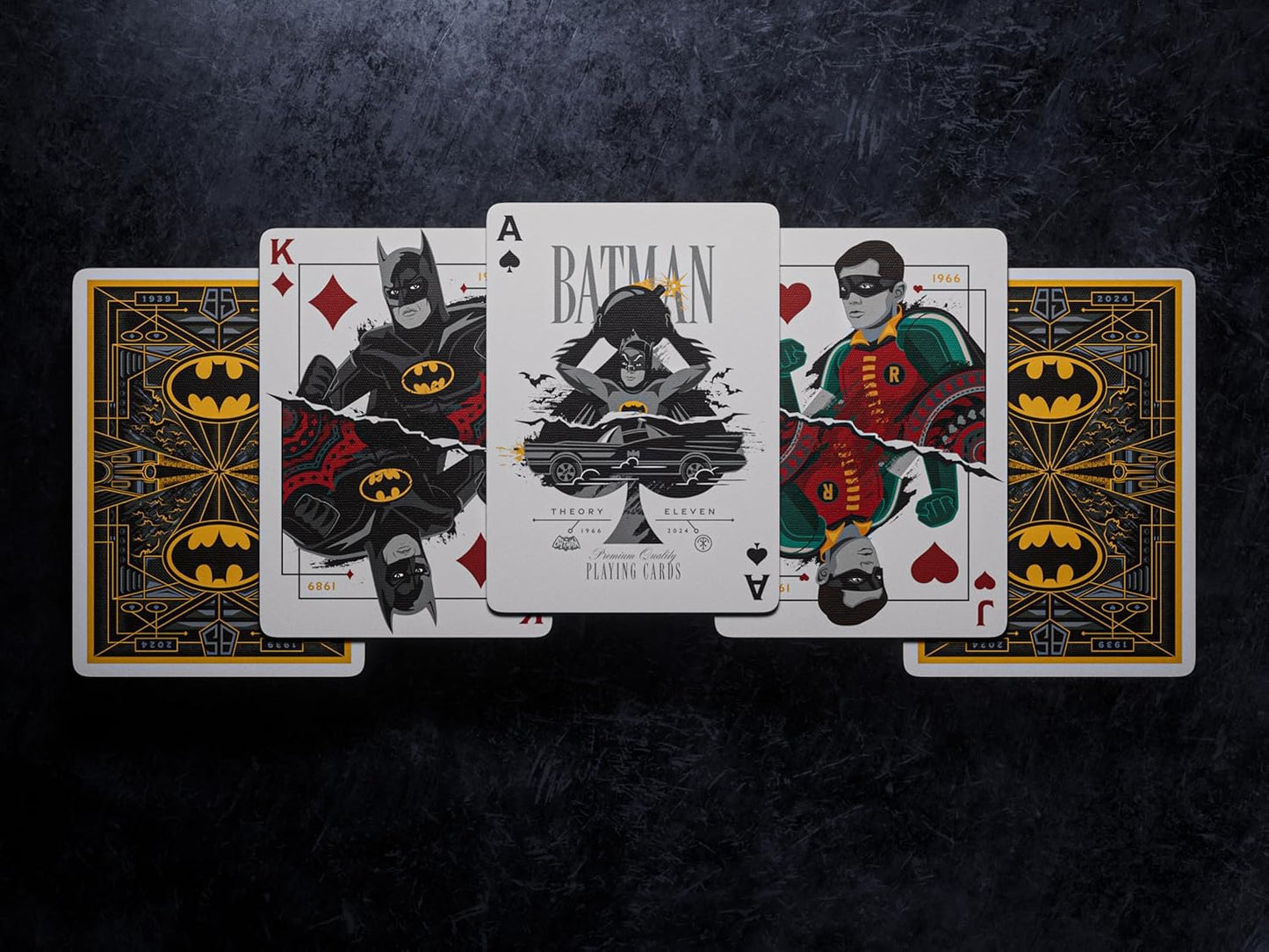 Three custom Batman playing cards (King, Ace, Jack) featuring Batman and Robin, laid out with gold deco backs