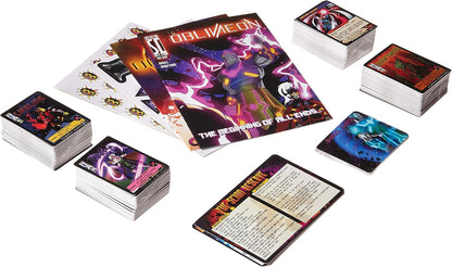 Sentinels of the Multiverse: OblivAeon board game components spread out: stacks of colourful comic-style cards, a large comic-style booklet, and tokens