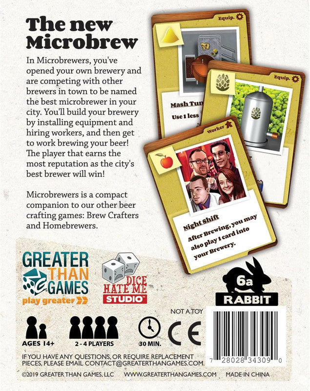 Back of The new Microbrew board game box with description, equipment & worker cards and player info