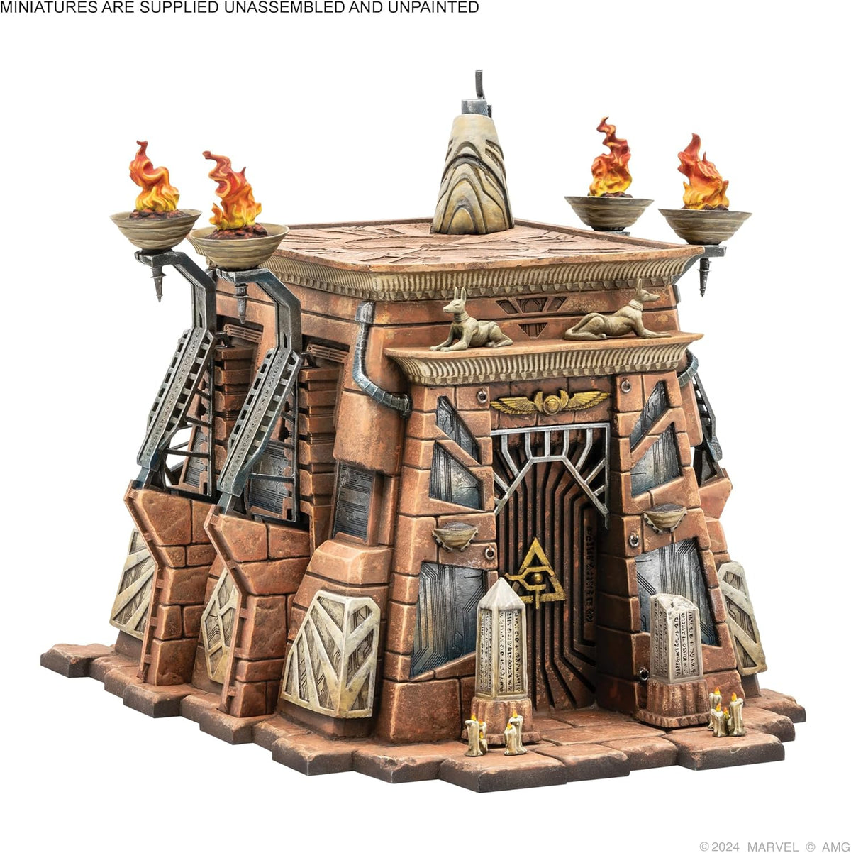 Detailed miniature of an ancient-style temple. Features include four flaming torches, two dog statues, and a mystical eye symbol