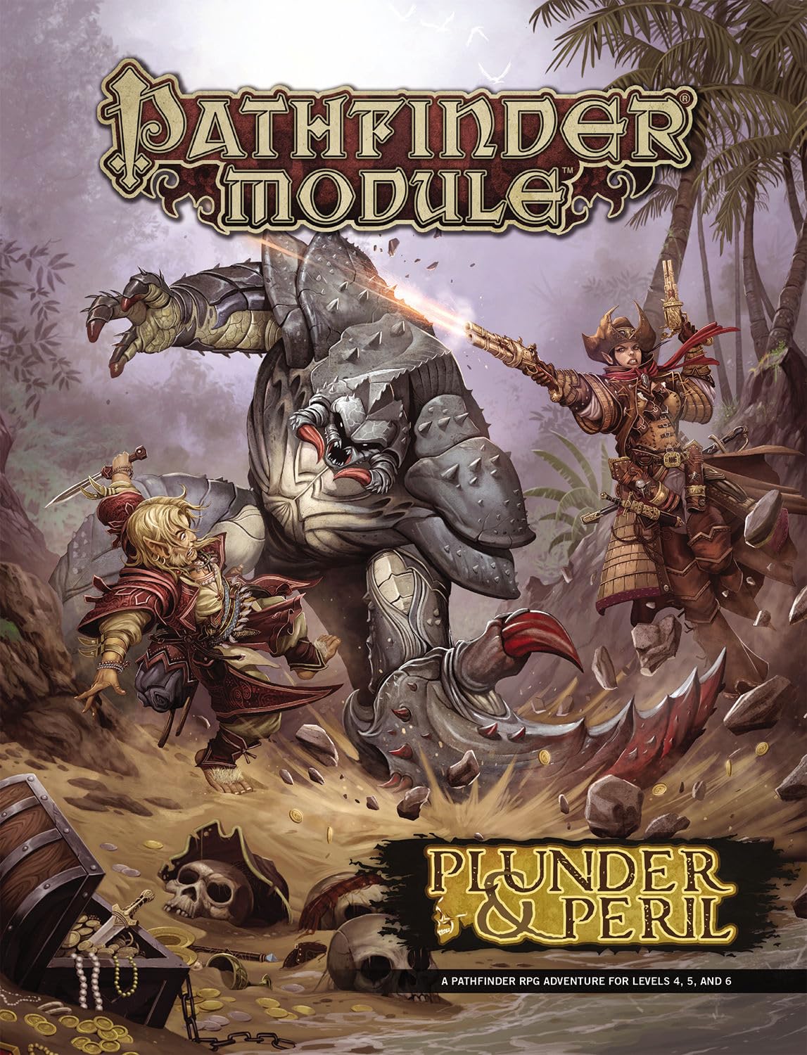 Pathfinder Module: Pirate and rogue battle a giant armored monster on a treasure-strewn tropical beach.