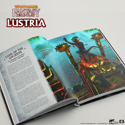 Open Warhammer Fantasy Role-Play: Lustria book with a reptilian warrior leaping in a glowing, ancient temple