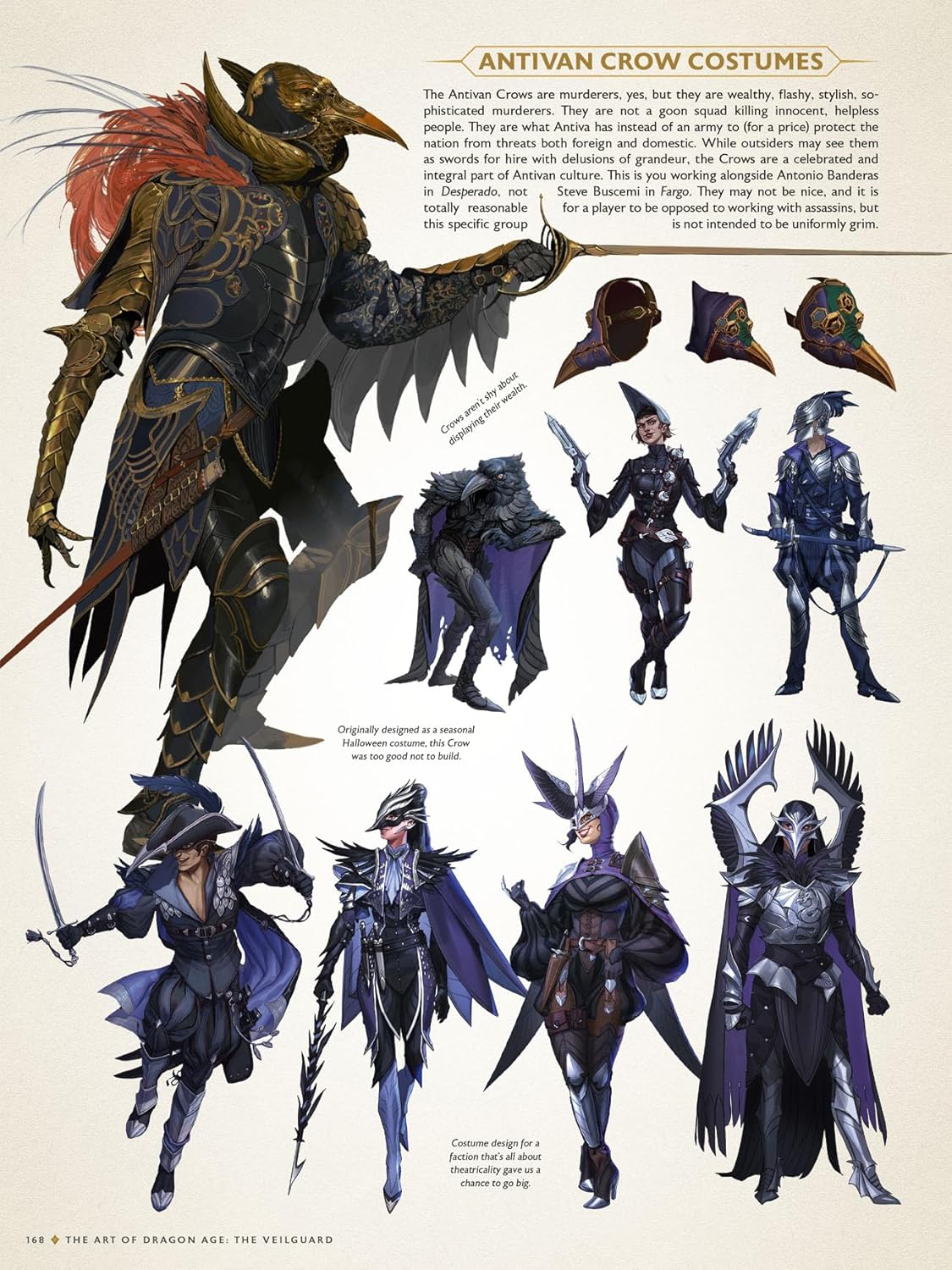 Concept art spread of Antivan Crow costumes; nine stylized, dark, bird-themed assassin outfits and armor sets