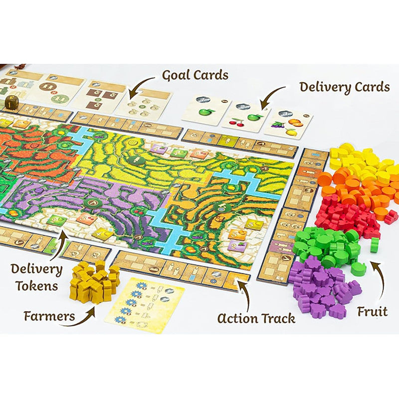 Alpujarras board game setup featuring a map, cards, yellow farmers, and piles of multi-coloured wooden fruit