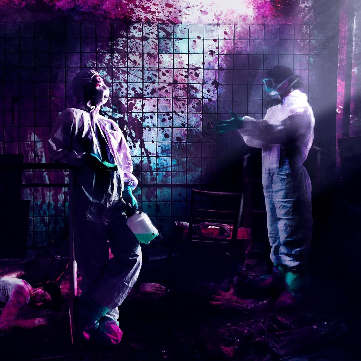 Two figures in hazmat suits investigate a dark, blood-splattered tiled room