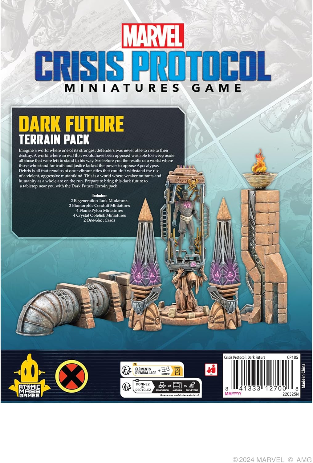 Box for Marvel Crisis Protocol Dark Future Terrain Pack, showing futuristic pipes, glowing obelisks, a figure in a conduit, and a flame brazier