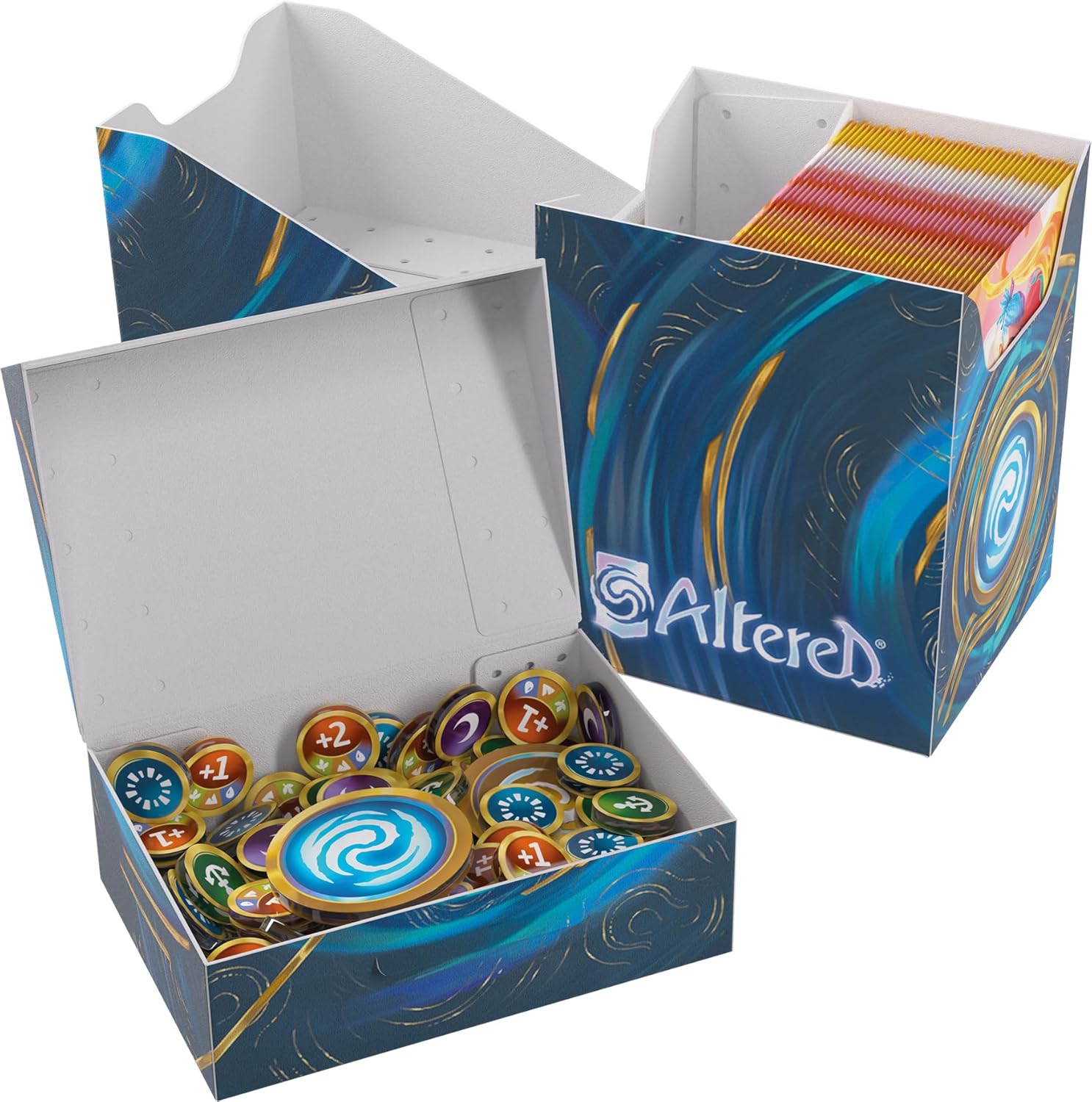Altered TCG storage box open, revealing multicolored card decks and piles of colorful tokens inside