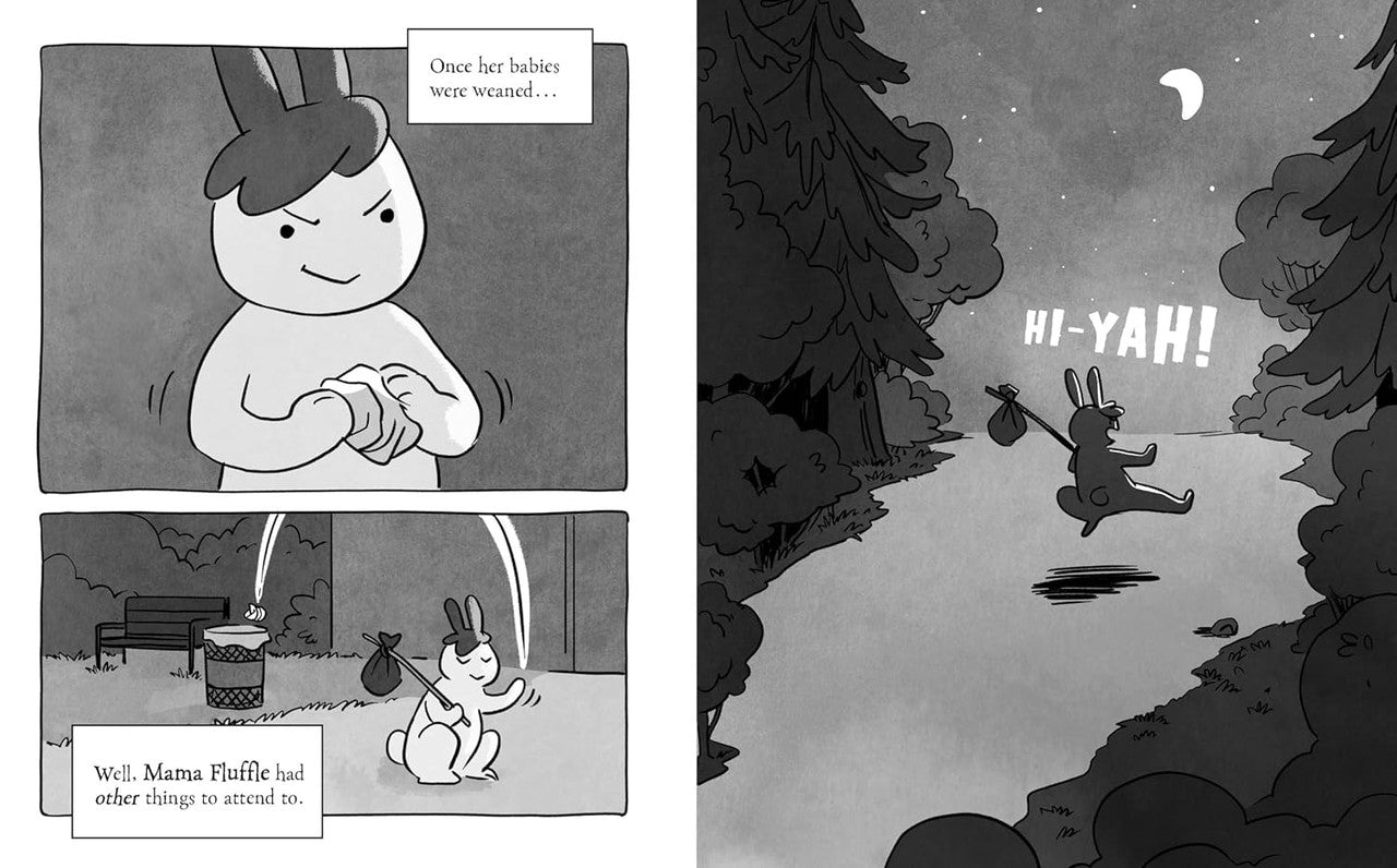A mother rabbit with a sly grin leaves home with a hobo sack, then leaps joyfully through a night forest, yelling 'HI-YAH!'