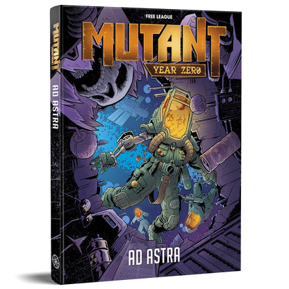 Person in green, bulky space suit with orange visor floats in space station ruins, holding a tool. Mutant Year Zero: Ad Astra