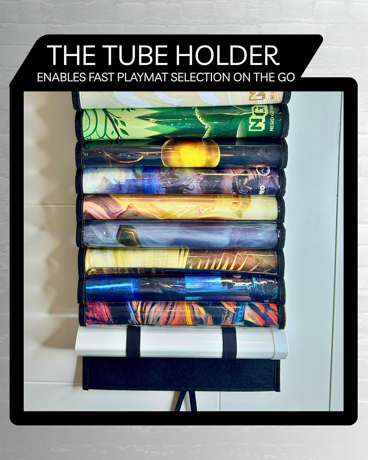 Portable tube holder storing a vertical stack of colorful, rolled playmats