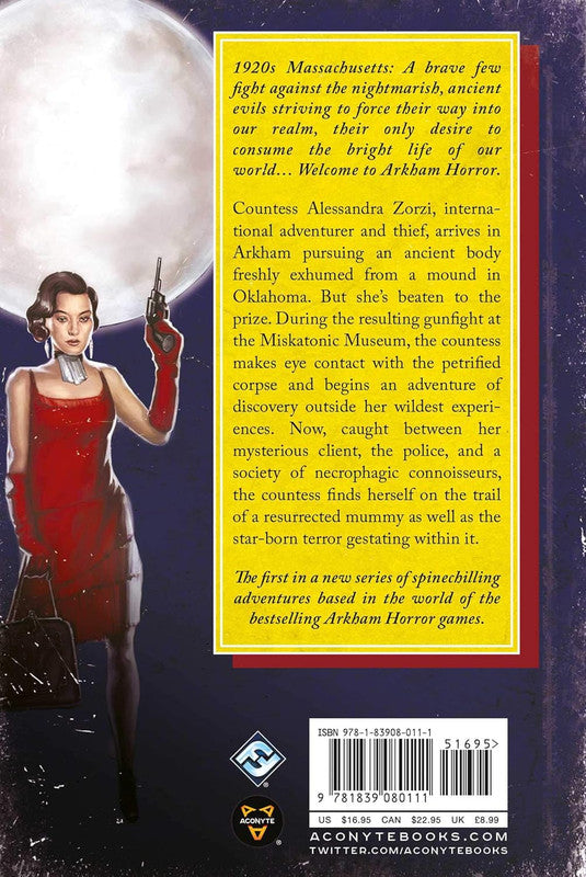 Back cover of the novel Welcome to Arkham Horror featuring a 1920s adventurer with a gun and a full moon background