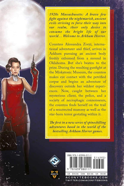 Back cover of the novel Welcome to Arkham Horror featuring a 1920s adventurer with a gun and a full moon background