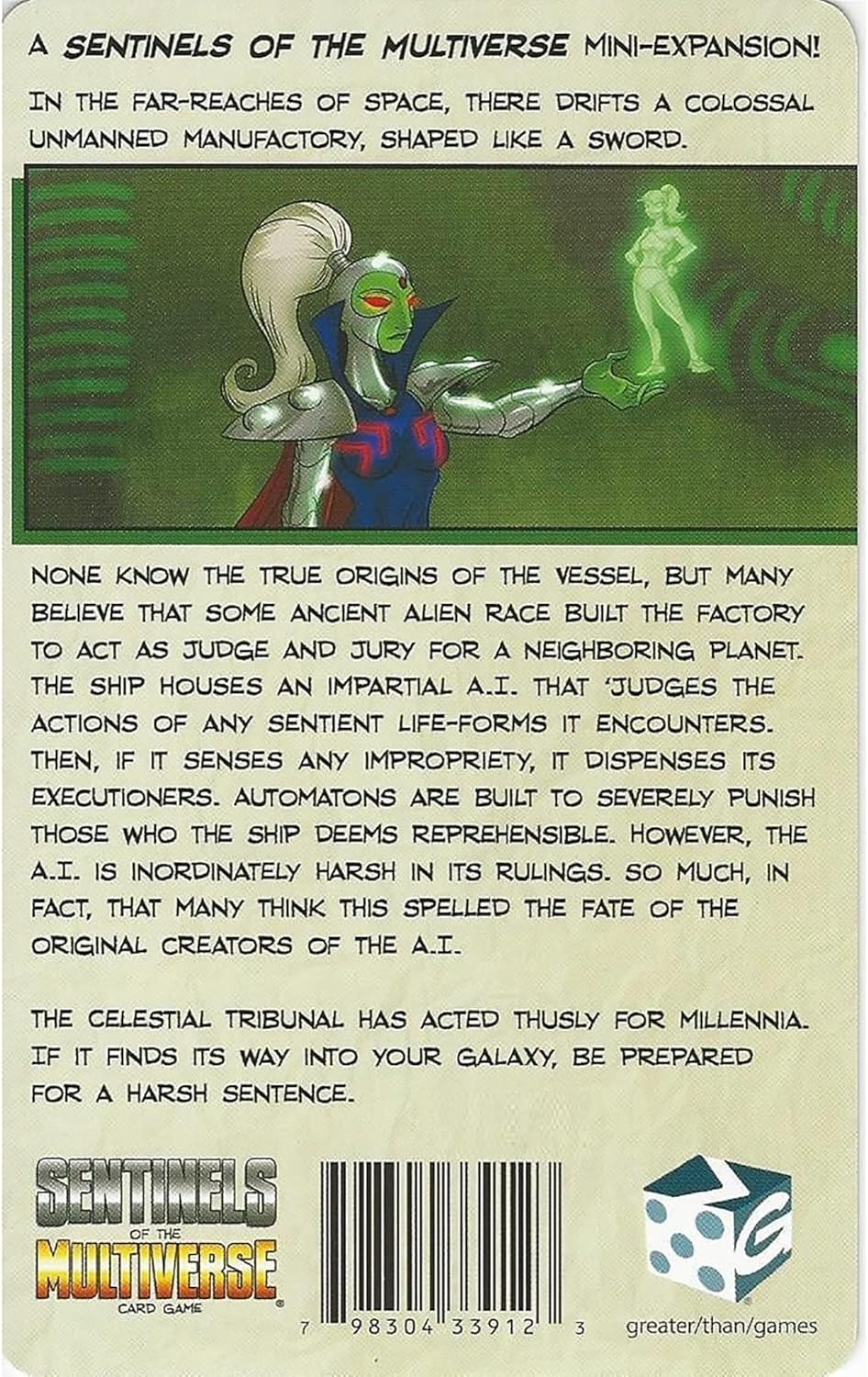 An armored green-skinned alien woman holds a small, glowing green, ethereal figure in her palm