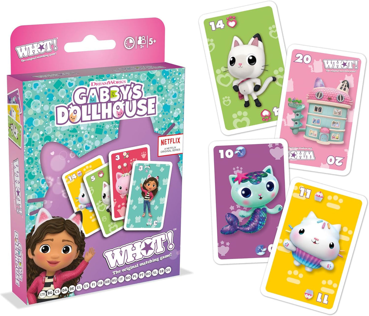 Gabby&#39;s Dollhouse game box and colorful cards with characters like Gabby and various cat figures