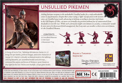 Game product card: An armored Unsullied Pikeman with spear and shield, next to four unpainted miniatures of the same