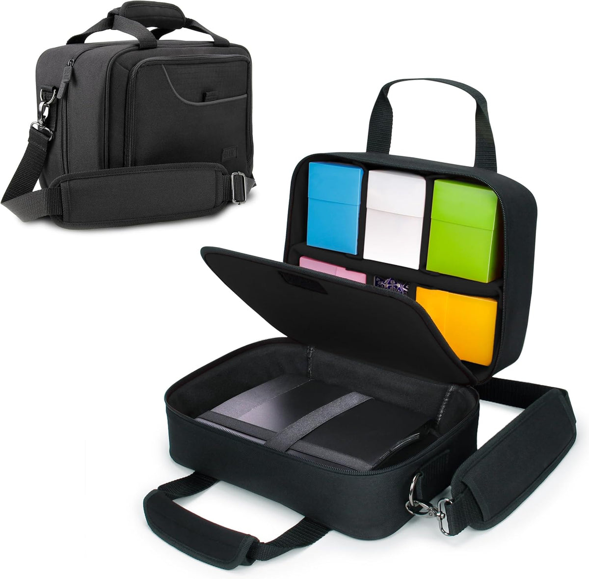 Black game carrying case, shown open with colorful card boxes and a binder inside, and also closed with a strap