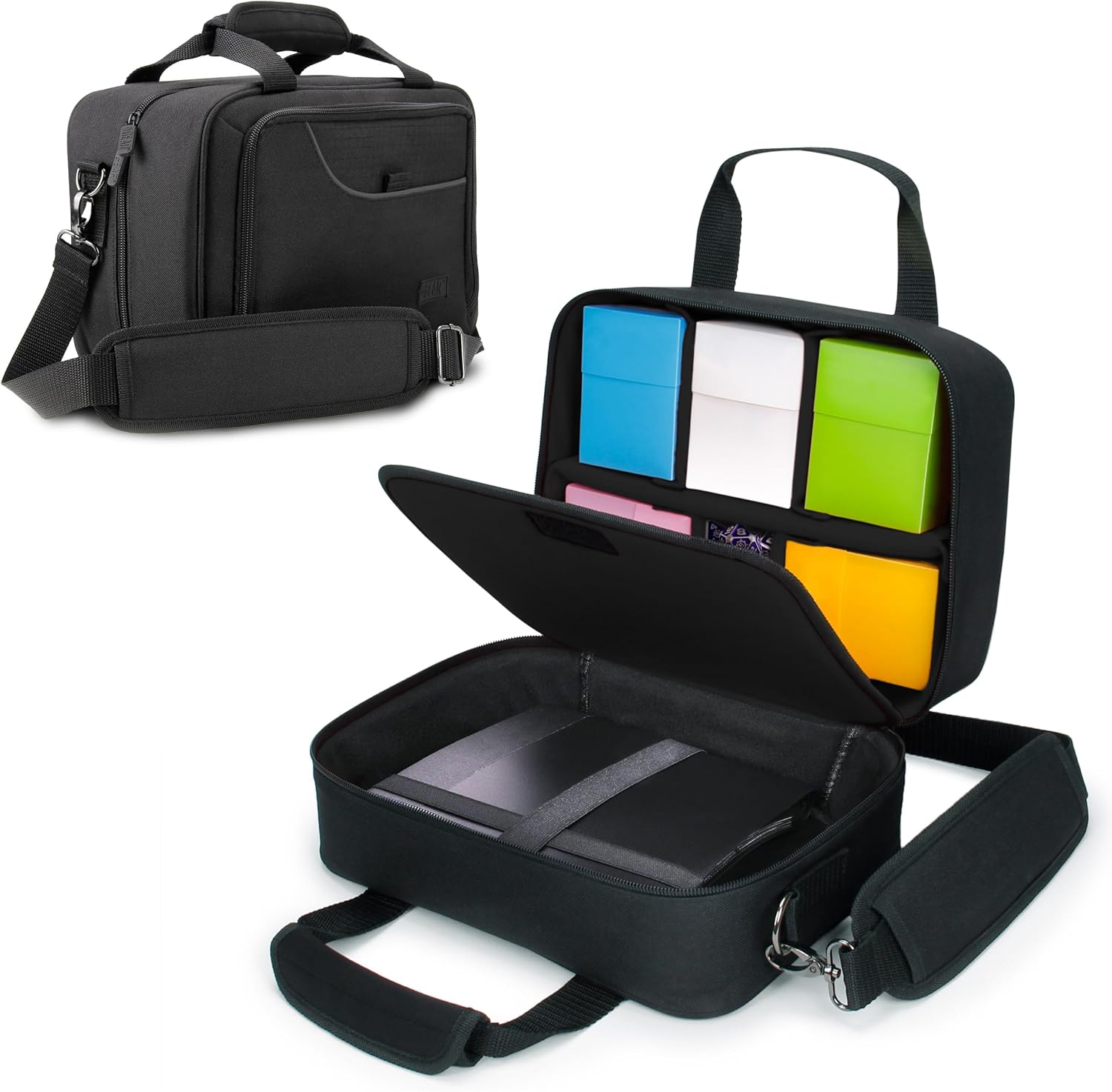 Black game carrying case, shown open with colorful card boxes and a binder inside, and also closed with a strap