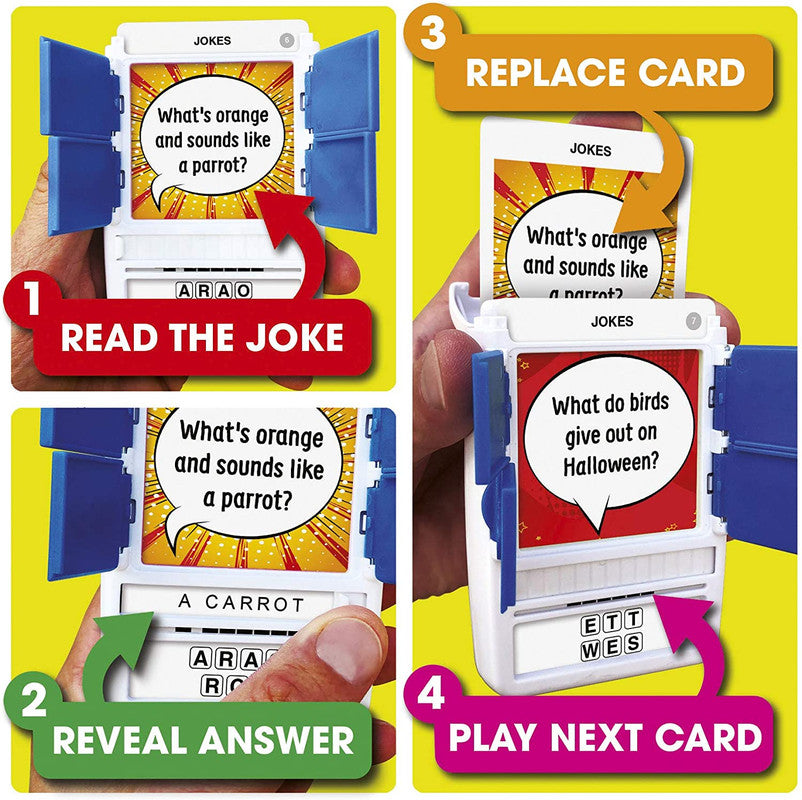 Kids&#39; joke teller toy with blue flaps and card displaying the joke What&#39;s orange and sounds like a parrot