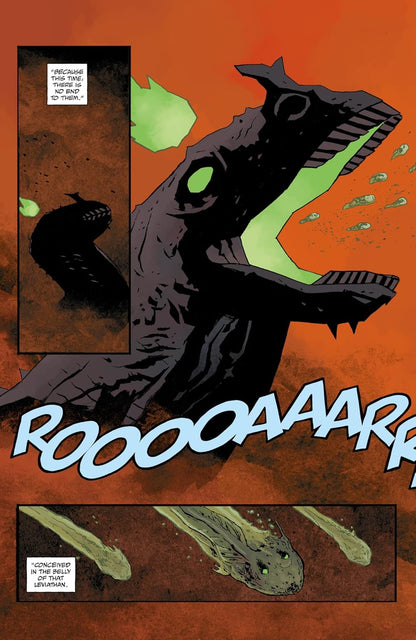 A massive -  dark leviathan with a green glowing mouth roars "ROOOOAAAR!" -  expelling green-eyed tadpole creatures into an orange sky