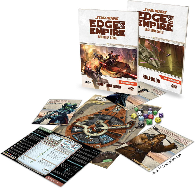 Star Wars: Edge of the Empire RPG beginner set, showing rulebooks, character folios, unique dice, and game map