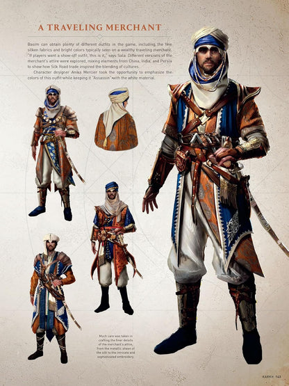 Concept art: Basim in a vibrant 'Traveling Merchant' outfit -  with intricate orange -  blue -  and white robes -  a turban -  and weapons