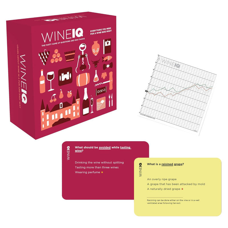 WineIQ party game box and cards in maroon and yellow