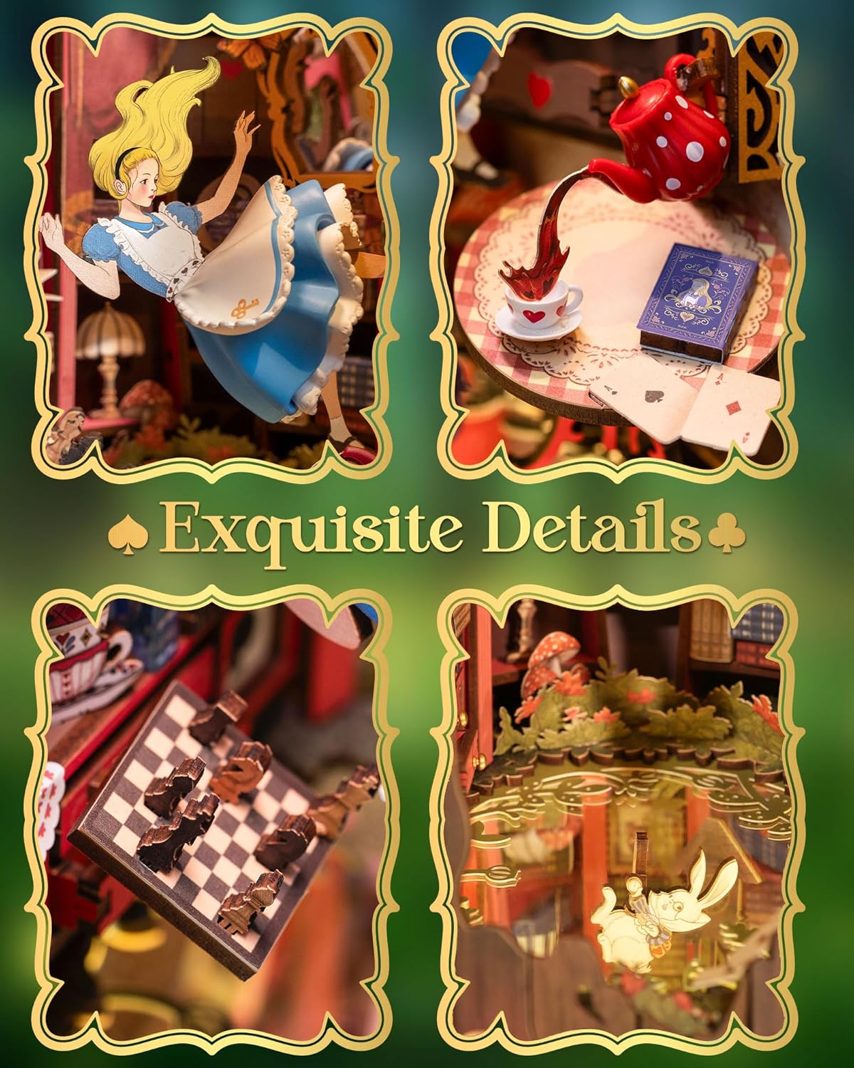 Collage of four Alice in Wonderland miniature details: Alice falling, a tea set, a chessboard, and the White Rabbit