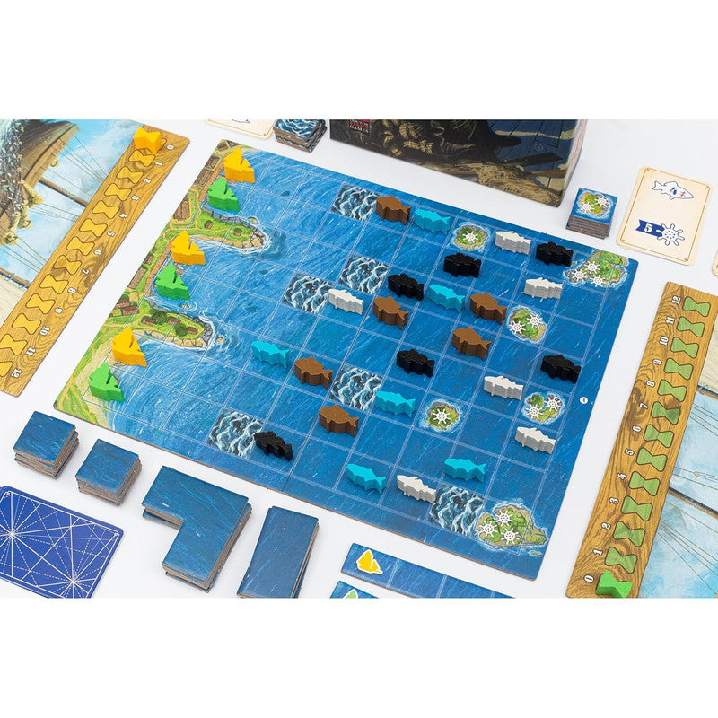Fisheries of Gloucester board game with an ocean map, various ship and fish game pieces, cards, and scoreboards ready for play