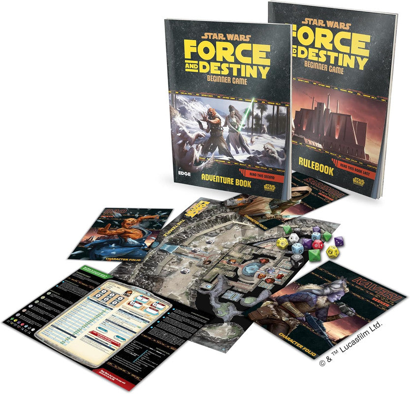 Star Wars Force and Destiny RPG Beginner Game set with rulebooks, character folios, a game map, and dice