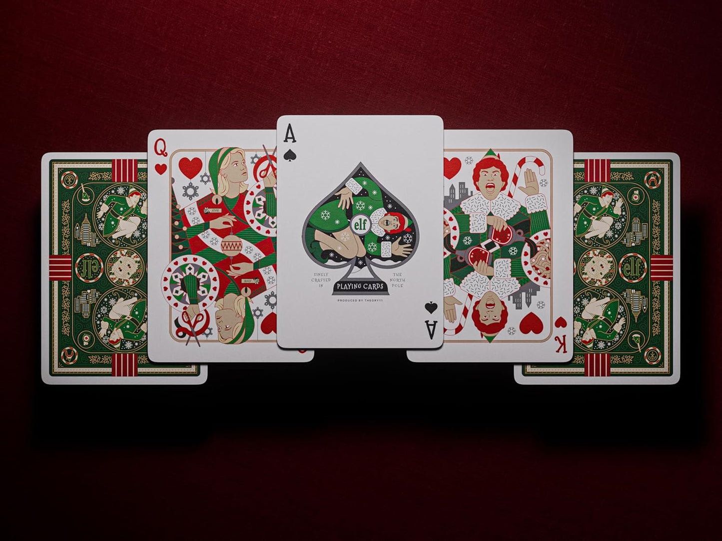 Custom Elf playing cards displayed, showing the Ace of Spades, Queen of Hearts and King of Hearts