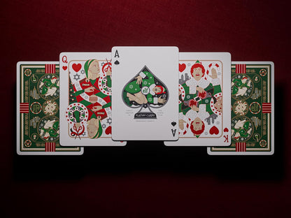 Custom Elf playing cards displayed, showing the Ace of Spades, Queen of Hearts and King of Hearts