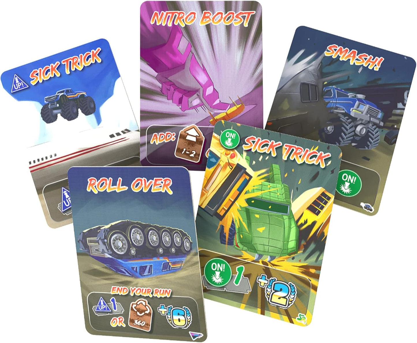 Five colorful monster truck game cards show stunts: Sick Trick -  Nitro Boost -  Smash! -  Roll Over