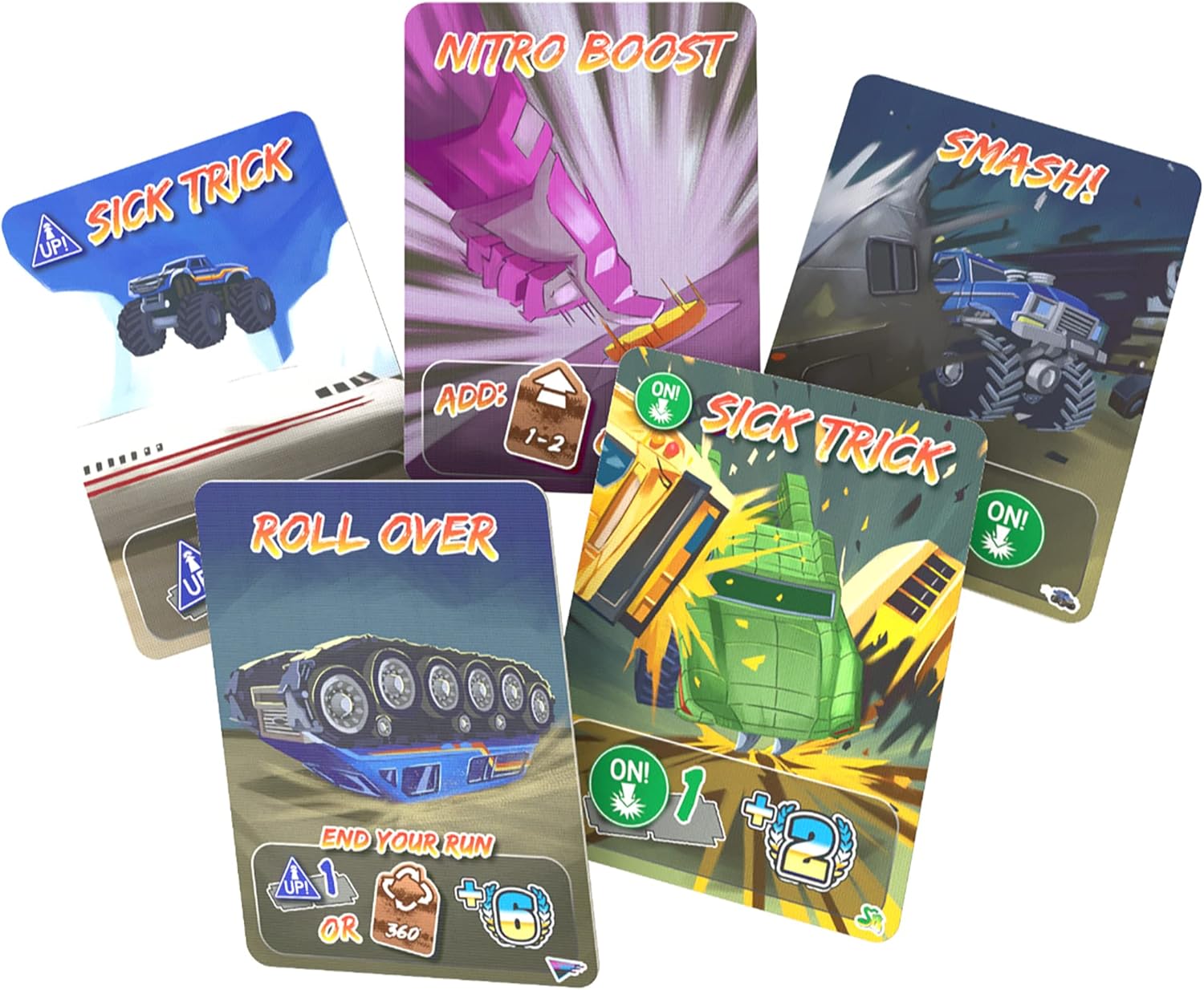 Five colorful monster truck game cards show stunts: Sick Trick -  Nitro Boost -  Smash! -  Roll Over