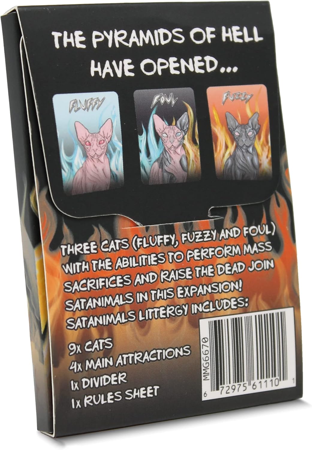 Back of &quot;Satanimals Littergy&quot; game expansion box showing three demonic Sphinx cats on fire, performing sacrifices